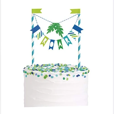 Image of Vibrant Blue &amp; Green Dinosaur Bunting Cake Topper (13cm x 23cm) Unique Adorable Dino Theme Decoration Perfect for Kids Birthday Parties 1 Pc