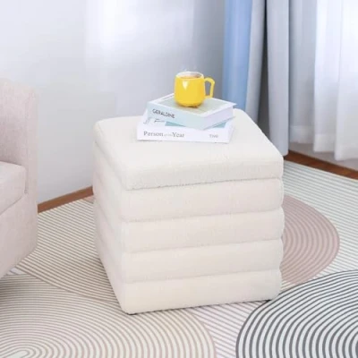 Image of Hanstore Teddy Square Ottoman, Boucle Storage Footrest, Bench, Bed End Stool, Small Cube Ottoman for Living Room, Bedroom White