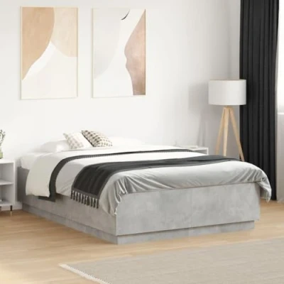 Image of vidaXL Small Double Bed Frame with LED Lights Concrete Grey, 120x190 cm, Engineered Wood, Modern Bedroom Furniture, USB Powered