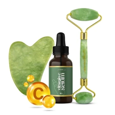 Image of Jade Roller and Gua Sha Set with Vitamin C Serum 100% Natural &amp; Authentic Body Face Massager for Eye Puffiness, Skin Tightening Fine Lines Skincare Tools Women Men