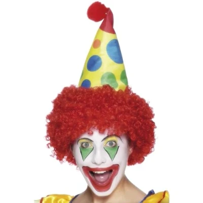 Image of Smiffys Clown Hat, Red with Wig, Circus Fancy Dress, Dress Up Hats