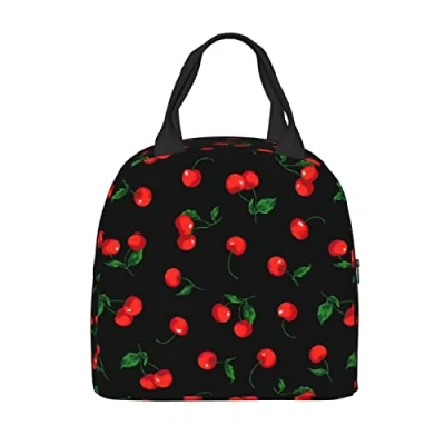 Image of PAQGSREM Cherry Black Lunch Box Insulated Bags for Kids Boys Girls Reusable Tote Bags, Perfect School/Camping/Hiking/Picnic/Beach/Travel