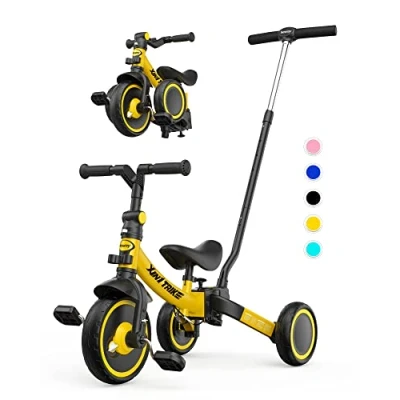 Image of besrey 7 in 1 Toddler Tricycle with 5 Height Parent Steering Push Handle for Years Old, Foldable Kids Trike, Bike Wheel Clutch, Larger Wheels, Removable Pedals, Adjustable Seat, Yellow