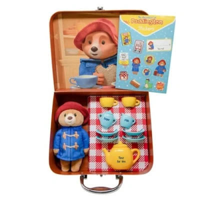 Image of Rainbow Designs Paddington Bear&#039;s Toy Tea Set 9 Piece Children&#039;s with Teapot, Cups, Saucers &amp; Sugar Pot Features Cuddling Soft Toy, Reusable Suitcase Sticker Sheet