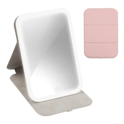 Image of Travel Makeup Mirror Portable LED Light up 360 Lighted Vanity Touch Screen Make with 3 Color Dimmable Lighting Rechargeable Tabletop Folding Cosmetic (Pink)