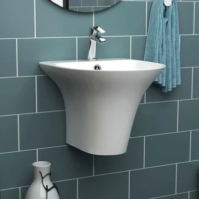 Image of Bathroom Sink Hand Wash Basin Ceramic Cloakroom Wall Hung Semi Pedestal Sink, Single Tap Hole Overflow Vessel Bowl Modern Curved Deep 480x460mm