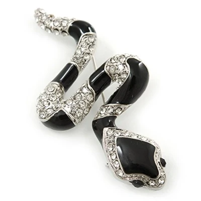 Image of Avalaya Black Enamel, Clear Crystal &#039;Snake&#039; Brooch in Rhodium Plating 55mm Length