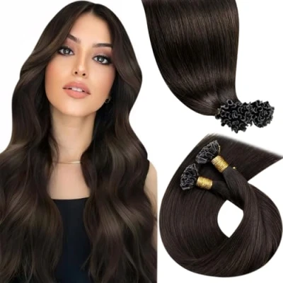 Image of LaaVoo U Tip Hair Extensions Real Human Darkest Brown 20 Inch 50g 50 Strands Remy Straight Nail Keratin #2