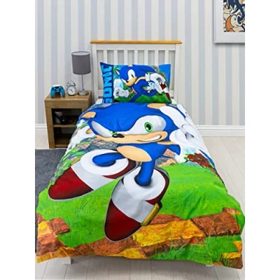 Image of SONIC THE HEDGEHOG Official Single Kids Duvet Cover Set Moves Reversible 2 Sided Bedding Including Matching Pillow Case Character World Brands Bed Polycotton