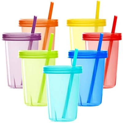 Image of Youngever 7 Pack Plastic Kids Cups with Lids and Straws, Re usable Toddler Straws in Assorted Colors