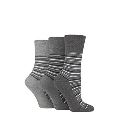 Image of Women&#039;s 3 Pair Gentle Grip Cotton Patterned and Striped Socks Varied Stripe Charcoal / Grey 4 8 Ladies