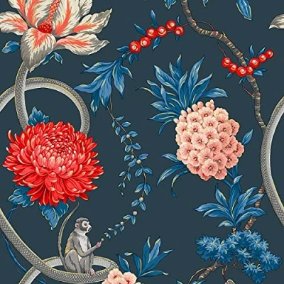 Image of Belgravia Forbidden Fruit Blue Floral Monkey Animals Quirky Wallpaper 39003