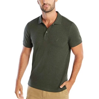 Image of Nautica Men&#039;s Slim Fit Short Sleeve Solid Soft Cotton Polo Shirt, Moss Heather, Large