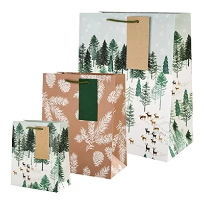 Image of Hallmark Gift Bag Pack of 3, 3 Festive Designs, Christmas, Winter Wonderland, Stags, Deer, Brown Kraft