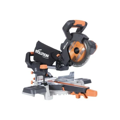 Image of Evolution Power Tools R185SMS Li Cordless Sliding Mitre Saw with Multi Material Cutting, 45 Bevel, 50 Mitre, 850W Includes 185MM TCT Blade, 3 Year Warranty, Black/Orange, (064 0001)