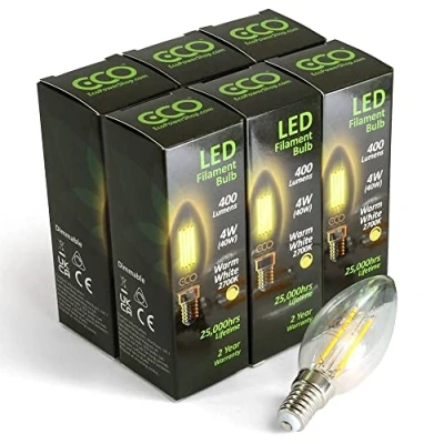 Image of ECO 40W Dimmable Energy Saving Candle Light Bulb, Low Power 4W Vintage Style LED Filaments, 400 Lumen, Clear Glass, Warm White (2700K), E14 Small Screw Fitting SES, 25000Hrs Lifetime. (6xPACK)