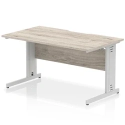 Image of Impulse 1400 x 800mm Scalloped Edge Straight Office Desk Grey Oak Top Silver Cable Managed Leg