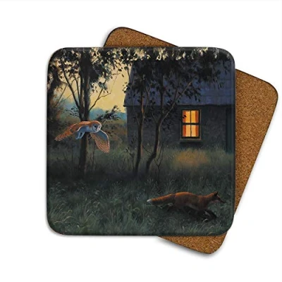 Image of Owl and Fox Drinks Coaster by Wildlife Artist Julian Friers Individual Non Slip, Cork Backed Table