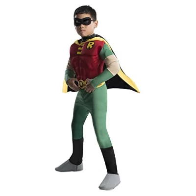 Image of Rubie&#039;s Official DC Comic Teen Titan Robin Kids Costume, Deluxe Muscle Chest Super Hero Dress Up Large Age 8 10 Halloween