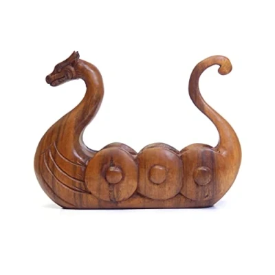 Image of Brave Wings Hand Carved Wooden Dragon Viking Ship 22cm Long OOAK Ornament Sculpture Figurine Statue Unique Table Decoration Home Decor Gift for Christmas and Birthdays 4145