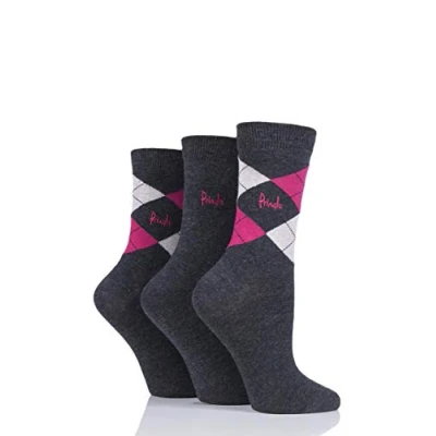 Image of Women&#039;s 3 Pair Pringle Gift Boxed Louise Plain and Argyle Cotton Socks Grey 4 8 Ladies
