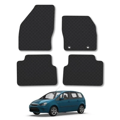 Image of Rubber Car Mats Compatible with Ford C Max (2003 2011) Tailored Fit Floor Set Accessory Black Custom 4 Pieces Clips Anti Slip Backing, Heavy Duty &amp; Waterproof