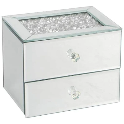 Image of SILVER CRUSHED DIAMANTE MIRRORED GLASS JEWELLERY BOX EYE CATCHING DESIGN BLACK VELVET INLAY TRINKET STORAGE 2 AND 3 DRAWERS (TWO DRAWER)
