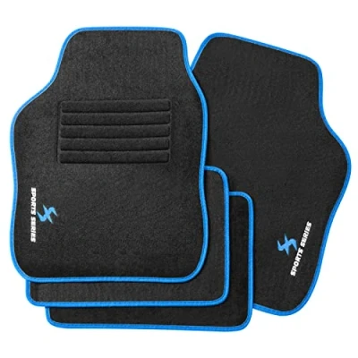 Image of WOLTU Universal Car Floor Mats Set of 4 Protectors or Van Carpet Covers Black Accessories with Letter Embroidery and Blue Edging
