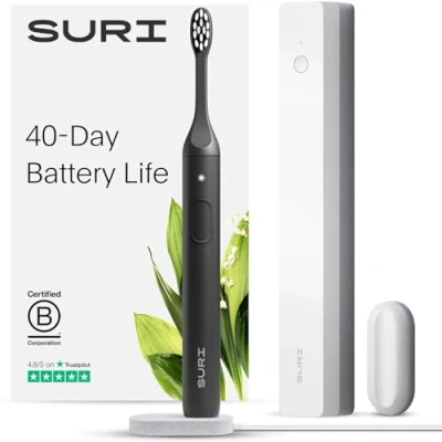 Image of SURI Electric Toothbrush—Sustainable Toothbrushes Adults. Slim Sonic Toothbrush &amp; Accessories. 40 Day Battery, 2 Modes. Travel Toothbrush. Ideal Christmas Gifts for Women Men
