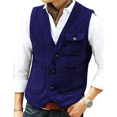 Image of Solovedress Mens Vintage Wool 3 Real Pockets Suit Vest V Neck Tweed Waistcoat for Wedding Groomsmen(Royal Blue,XL)
