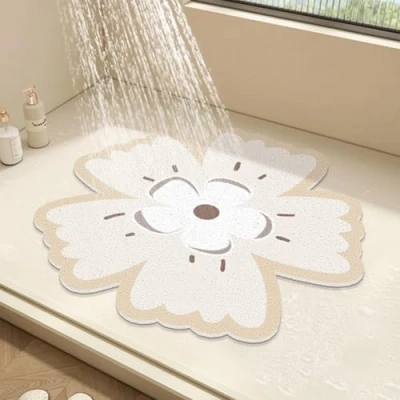 Image of Round Shower Mat Flower Bath for Inside Shower,PVC Loofah Bathroom Floor Mat,Non Slip Bathmat Anti Mould with Drain,Quick Drying (White,60x60cm)