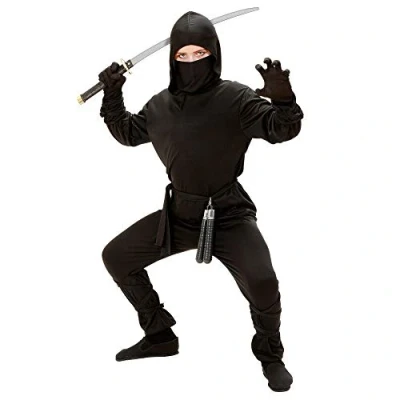 Image of WIDMANN 02645 Child’s Black Ninja Costume including hood. World Book Day, Halloween and Carnival