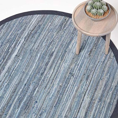 Image of HOMESCAPES 100% Recycled Denim Blue Chindi Round Rug Handmade Eco Friendly Real Striped Circular Rug, 150 cm