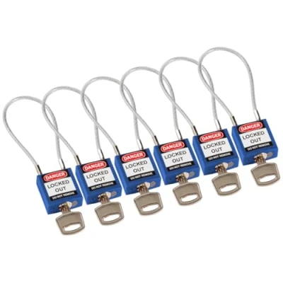 Image of Brady Compact Cable Padlock 6 pack Lockout Tagout Security Lock Safety with Nylon Body and Sheathed Steel Keyed Alike 32mm x 35mm 16mm Length 200mm, Blue