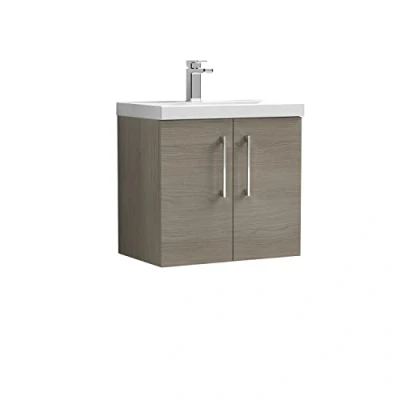 Image of nuie ARN2523A Arno Modern Bathroom Wall Hung 2 Door Vanity Unit with Mid Edge Ceramic Basin, Solace Oak