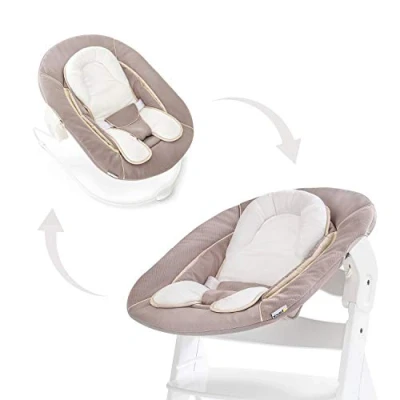 Image of hauck Alpha Bouncer 2in1, Stretch Beige Baby Seat for Alpha+ Wooden Highchair with Bouncing Frame, 3 Point Hip Harness &amp; Reducer, from Birth up to 9 kg