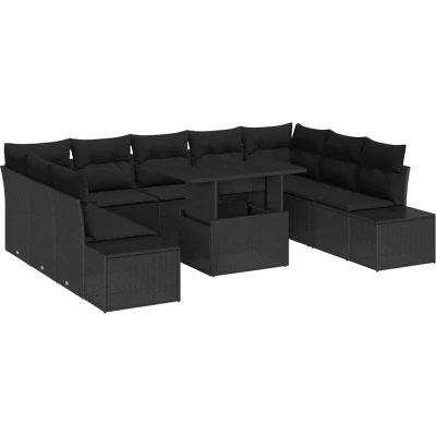 Image of vidaXL 10 Piece Garden Sofa Set with Cushions Black Poly Rattan