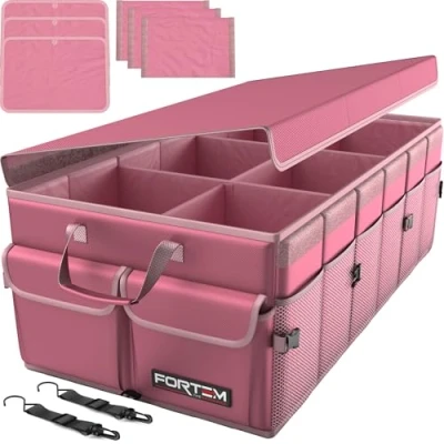 Image of FORTEM Car Boot Organiser, Storage Accessories, Collapsible Multi Compartment Tidy, Non Slip Bottom, Adjustable Securing Straps (Pink, X Large)