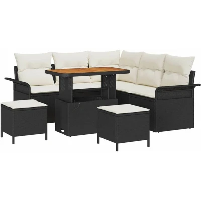 Image of vidaXL 8 Piece Garden Sofa Set with Cushions Black Poly Rattan Acacia