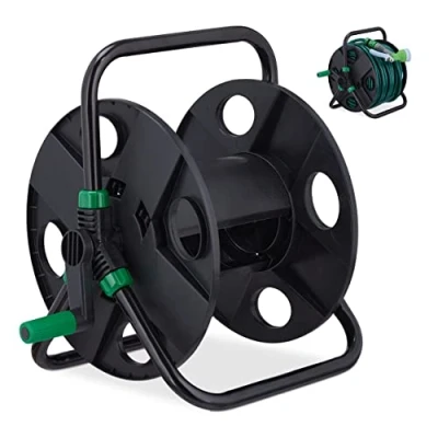 Image of Relaxdays Reel, 30 m 1/2&quot; Hoses, Freestanding, H x W D: 38 42 31 cm, Steel, Plastic, Black/Green