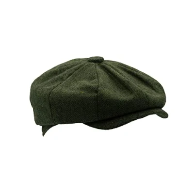 Image of WALKER AND HAWKES Men&#039;s Brown Grey Classic Baker Boy Style 8 Panel Tommy Cap Green Herringbone M (58cm)