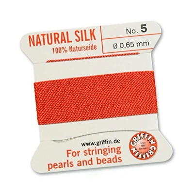 Image of GRIFFIN 100% Natural Silk Beading Cord String Thread Coral 2 metres with one needle Size 0.65mm