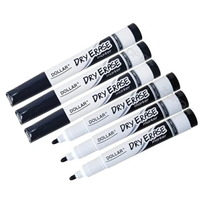 Image of Dry Erase Markers, BLACK, Pack of 6, Whiteboard Marker Pens, Bullet Tip, 2.0mm Bold Point, BroadMark 2.0 Wipe ZOFAX Black Ball Pen