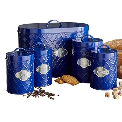 Image of Neo Embossed Diamond Hexagonal Metal Metallic Badge 5 Kitchen Countertop Canisters Jars Tins Set Tea Coffee Sugar Biscuit Bread Bin Box Food Storage Organiser (Navy)