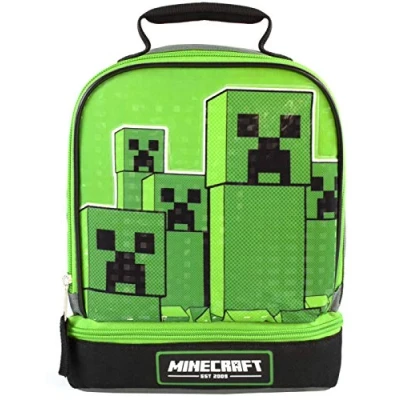 Image of Minecraft Kids Lunchbox Creeper Zip Compartment Green Lunch Bag One Size