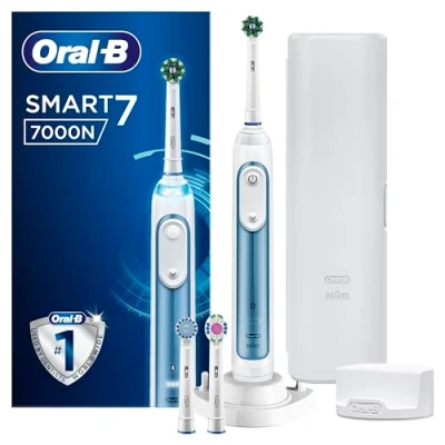 Image of Oral B Smart 7 Electric Toothbrush For Adults, App Connected Handle, 3 Heads &amp; Travel Case, 5 Mode Display, Teeth Whitening, 2 Pin UK Plug, 7000N, Blue