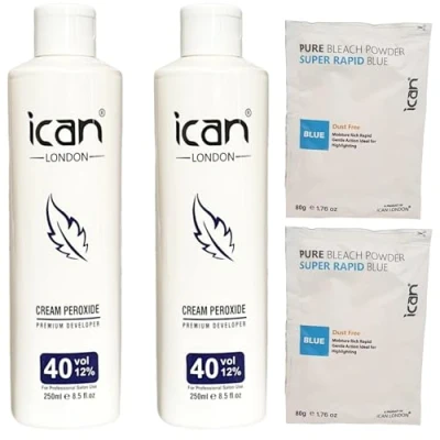 Image of ICAN LONDON CREAM PEROXIDE 40 VOL 12% 250 ML x 2 + RAPID BLUE POWDER BLEACH 80G SET