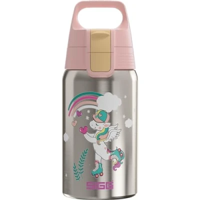 Image of Sigg Stainless Steel Kids Water Bottle Shield One Uni Skate Suitable For Carbonated Beverages Leakproof Lightweight BPA Free Brushed with Unicorn 0.5L