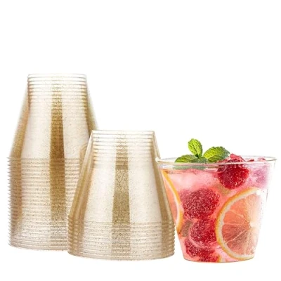 Image of MATANA 30 Premium Clear Hard Plastic Cups, Party Cups with Gold Glitter (255ml / 9oz) Reusable Glasses, Tumblers, for Drinks, Cocktail, Dessert, Wedding, Parties