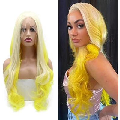 Image of Blonde Yellow Curly Wig 613 Long Wavy Lace Front Wigs for Women Super Soft Platinum Ombre Synthetic Hair Natural Hairline Glueless Heat Resistant Fiber cosplay daily party 24 inch